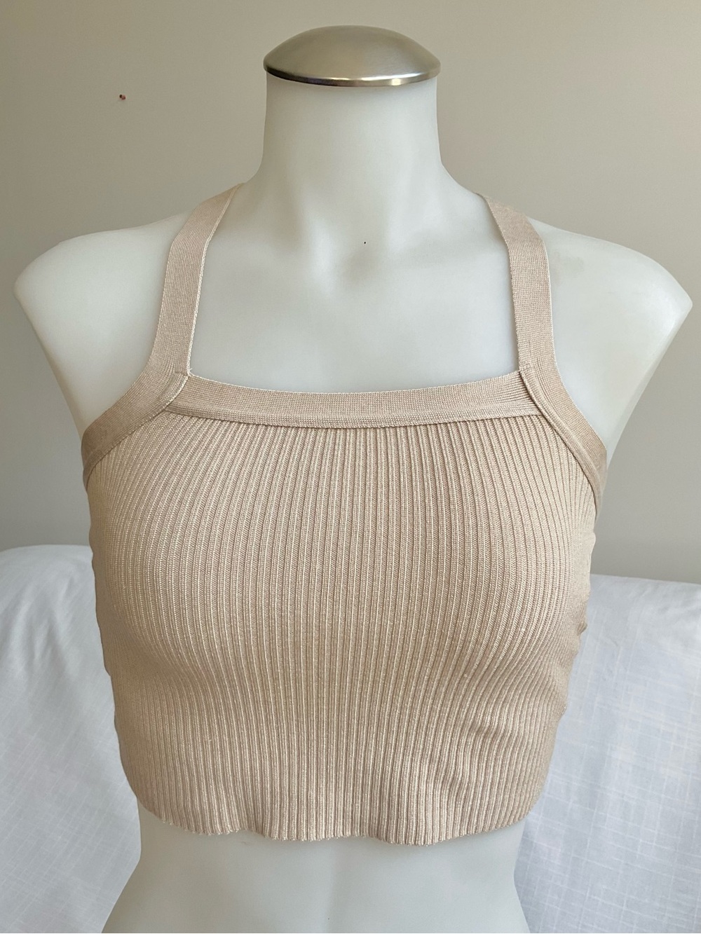 Reformation | Lyra Tank Ribbed Knit Cross Back Crop Top Beige | XS